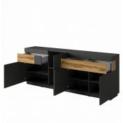 Credenza moderna antracite e rovere naturale, 4 ante e 2 cassetti 