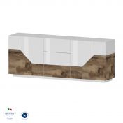 Credenza geometrica 4 ante e 3 cassetti, colore Bianco lucido e Pero 