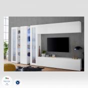 Conveniente Parete attrezzata con vetrine L.340 cm, finitura Bianco lucido, Made in Italy