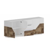 Credenza geometrica 4 ante e 3 cassetti, colore Bianco lucido e Pero 