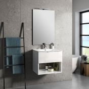 Mobile da bagno sospeso con lavabo in ceramica, finitura bianco laccato lucido