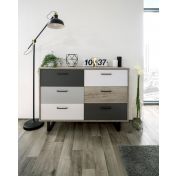 Madia Cassettiera Lappo di design con gambe in metallo, 6 cassetti, finitura Quercia, Bianca, Grigio e Antracite