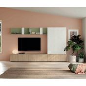 Parete moderna soggiorno, finitura Rovere bianco, Royal oak e Oliva