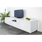 Porta tv di design con cassetto centrale e quattro ante laterali in finitura bianco laccato lucido