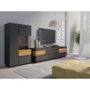 Credenza alta , vetrina contenitore, finitura antracite e rovere naturale