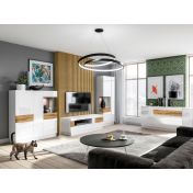 Credenza moderna 3 ante e 1 cassetto, bianco lucido e rovere naturale