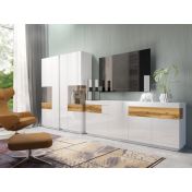 Madia e 2 vetrine moderne bianco lucido e rovere naturale