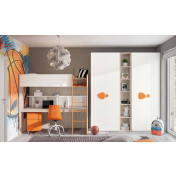 Armadi battenti con libreria 5 ripiani, finitura Bianco, Olmo natura e Arancio 