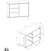 Credenza Madia di design con gambe in legno, 1 anta 3 cassetti, finitura Quercia, Bianca, Petrolio e Grigia