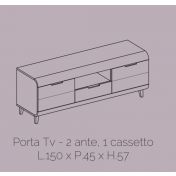 Porta TV con due ante e un cassetto, in finitura Bianco lucido, con piedini