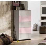 Settimino moderno con 5 cassetti, finitura Bianco altea, Rosa confetto e Grigio seta