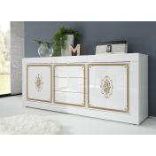 Credenza Moderna, Madia bianca laccata lucida, 2 ante e 3 cassetti con serigrafia oro