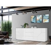 Credenza geometrica moderna e di design 4 ante e 3 cassetti, Bianco laccato lucido 