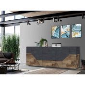 Conveniente Credenza geometrica 4 ante e 3 cassetti, colore Ardesia e Pero