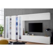 Conveniente Parete attrezzata con vetrine L.340 cm, finitura Bianco lucido, Made in Italy