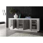 Credenza mobile moderna, 4 ante, Bianco Opaco con frontali Beton