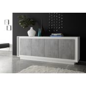 Credenza mobile moderna, 4 ante, Bianco Opaco con frontali Beton