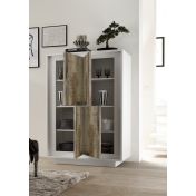 Credenza Moderna, Madia di Design, 4 ante Alta, Bianco Opaco con frontali Pero