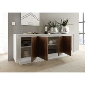 Credenza Moderna, Madia di Design, 4 ante, Bianco Opaco con frontali Cognac