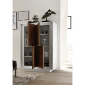 Credenza Moderna, Madia di Design, 4 ante Alta, Bianco Opaco con frontali Cognac