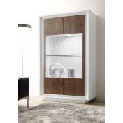 Vetrina Design Moderno, 4 ante Alta, Bianco Opaco con frontali Cognac