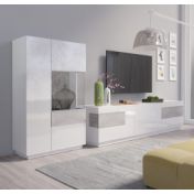 Madia alta contenitore, vetrina di design bianco lucido e cemento H.139