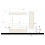 Parete attrezzata con 1 pensile verticale, una ribalta e una mensola in finitura bianco laccato lucido e pero