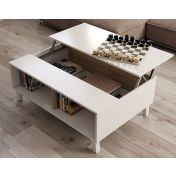 Tavolino moderno da salotto, colore bianco lucido e rovere canadian