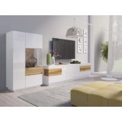 Zona giorno composta da da porta TV e vetrina, bianco e rovere naturale