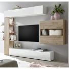 Parete attrezzata soggiorno moderna soggiorno con libreria Bianco Laccato Lucido e Rovere Cadiz