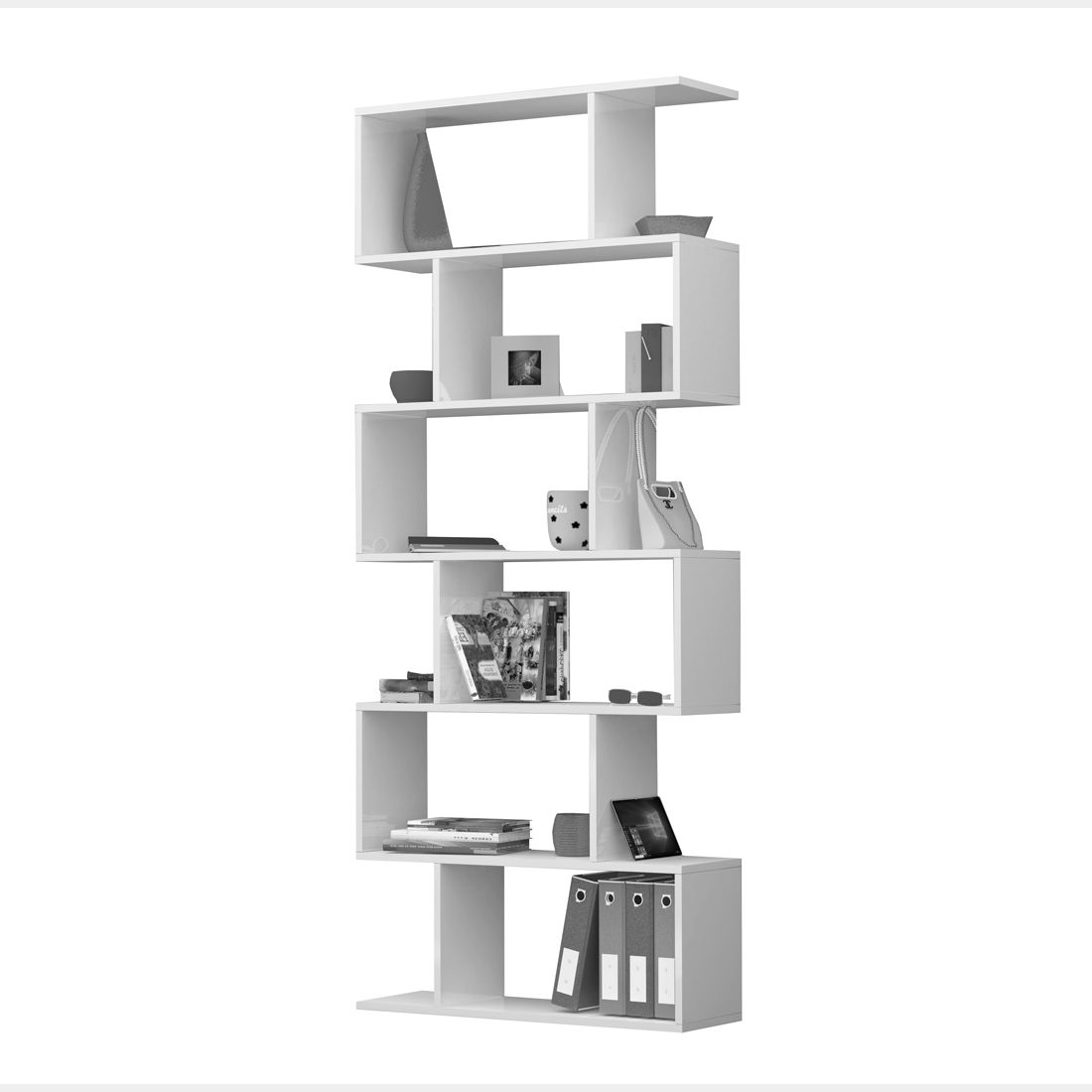 Libreria soggiorno moderno, bianco lucido e opaco, 6 ripiani, made in Italy