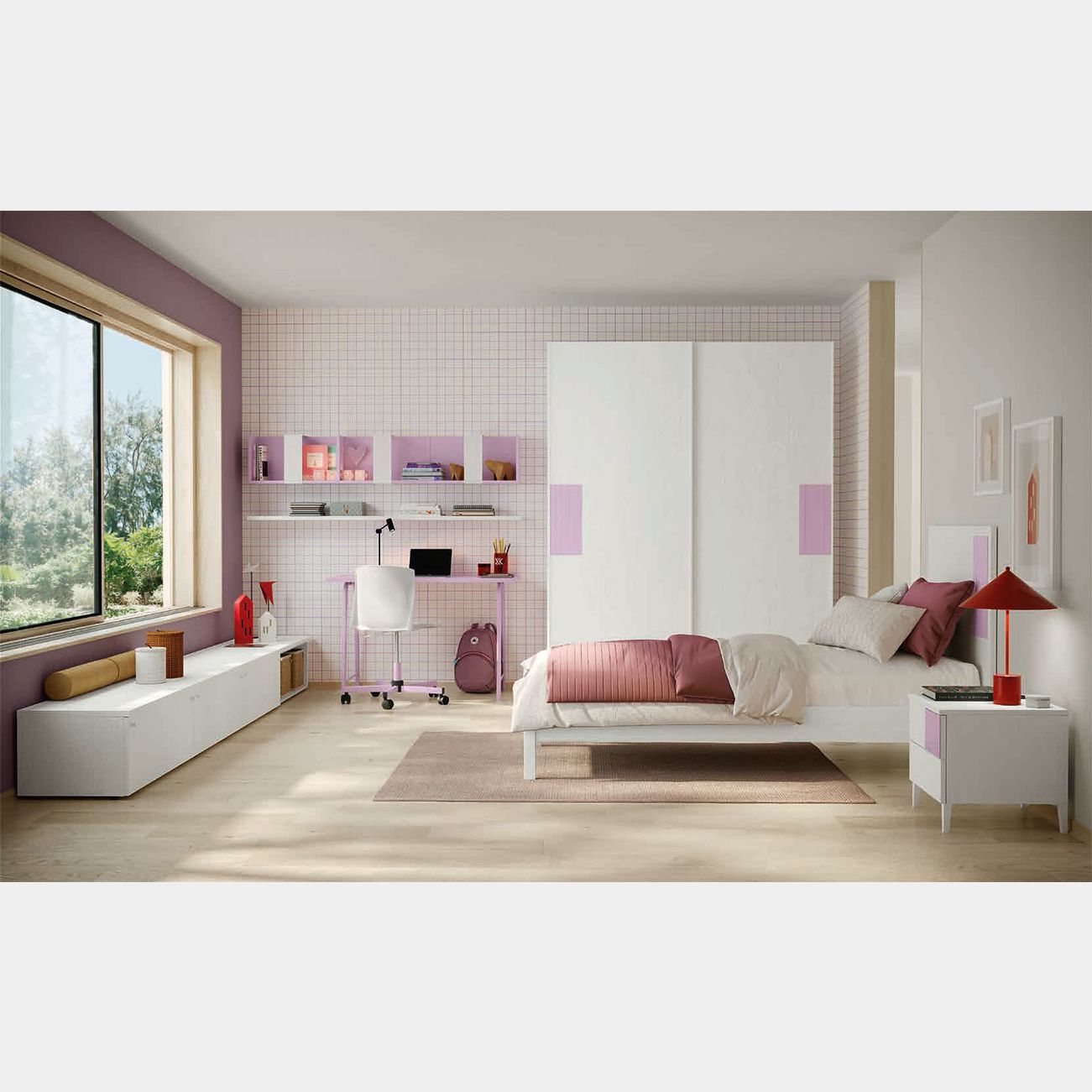 Cameretta ragazza Orchidea e Rovere White con armadio scorrevole