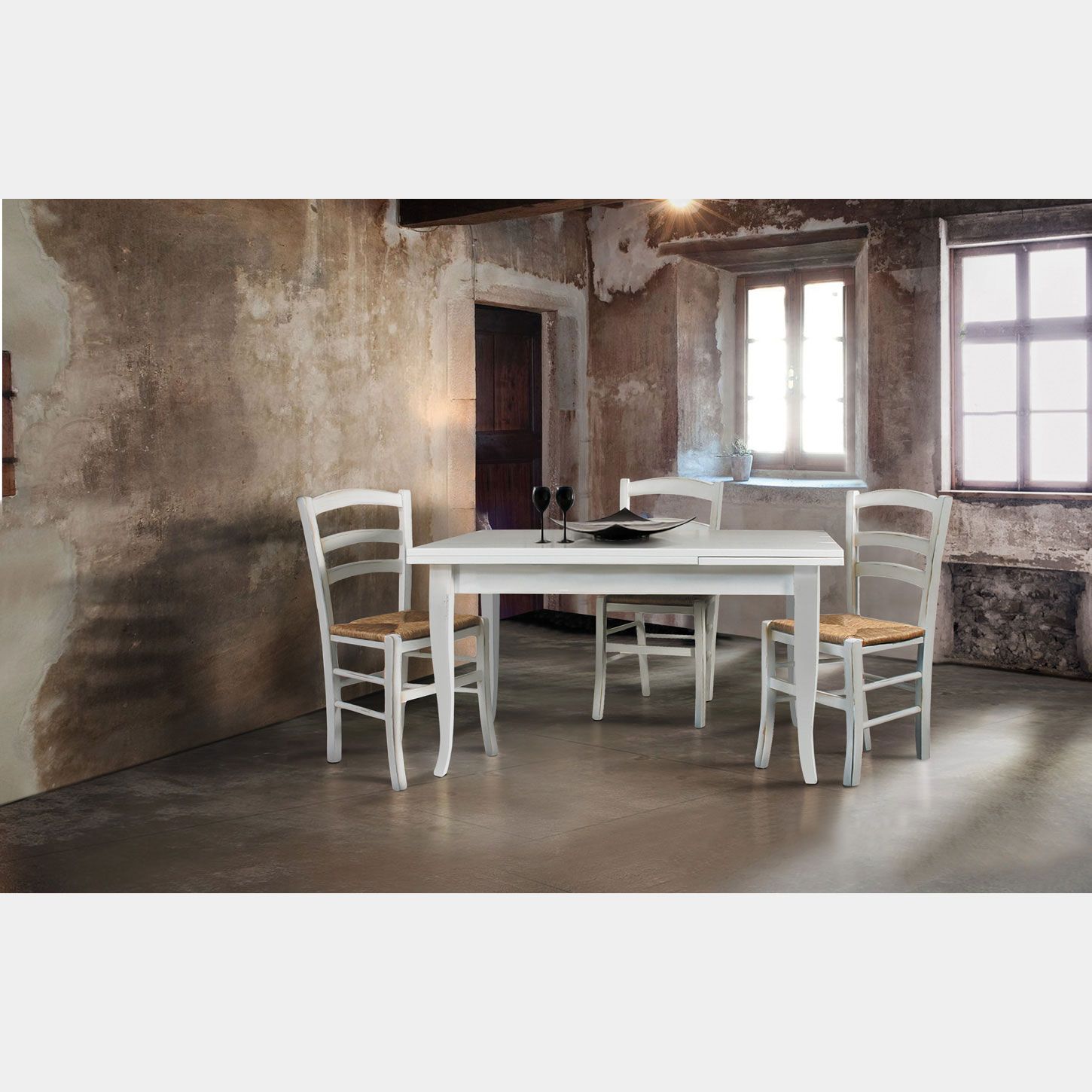 Tavolo allungabilen legno, bianco opaco, gambe a sciabola, con sedie  comprese