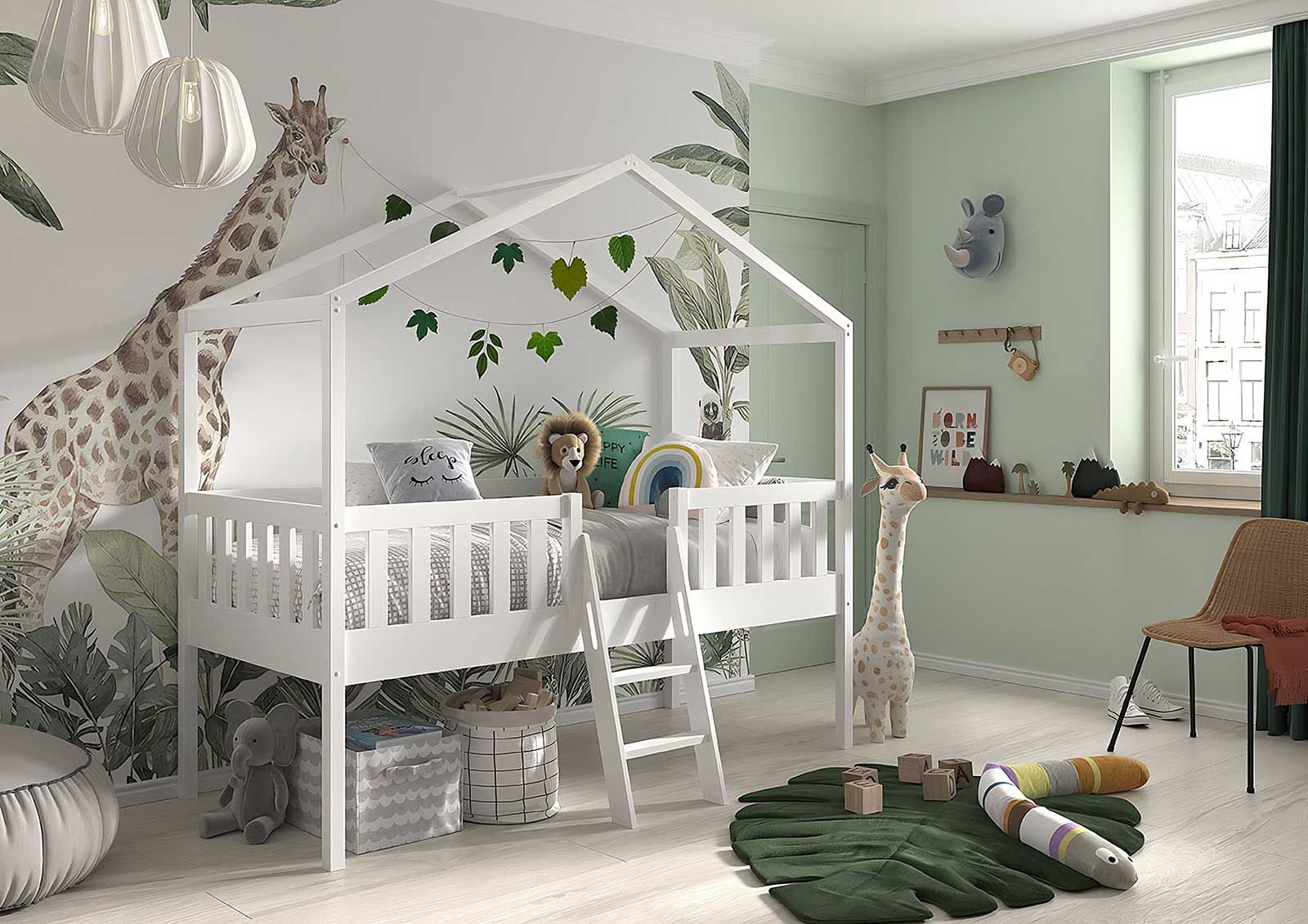 Letto montessoriano a casetta per bambini, Bianco e Pino naturale