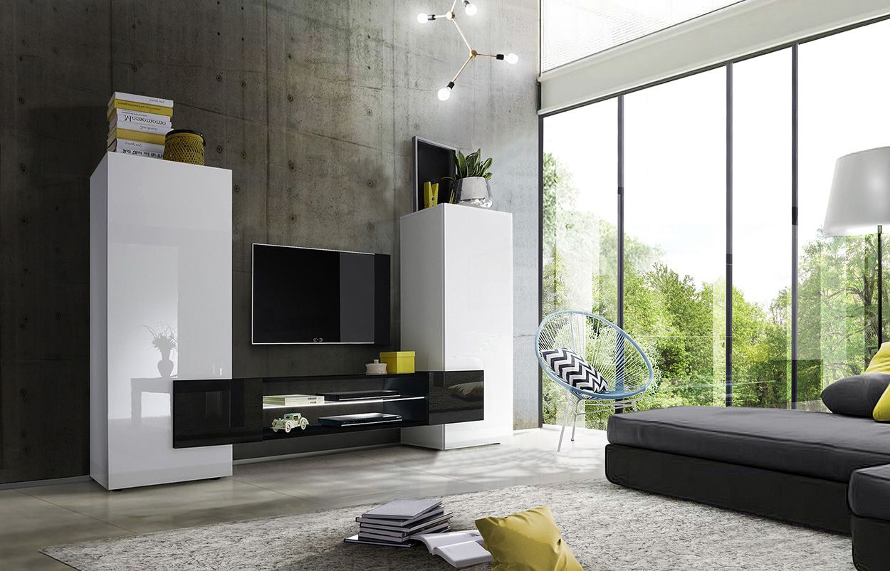 Parete salotto, soggiorno moderno Irene bianco lucido e nero, mobile tv di  design