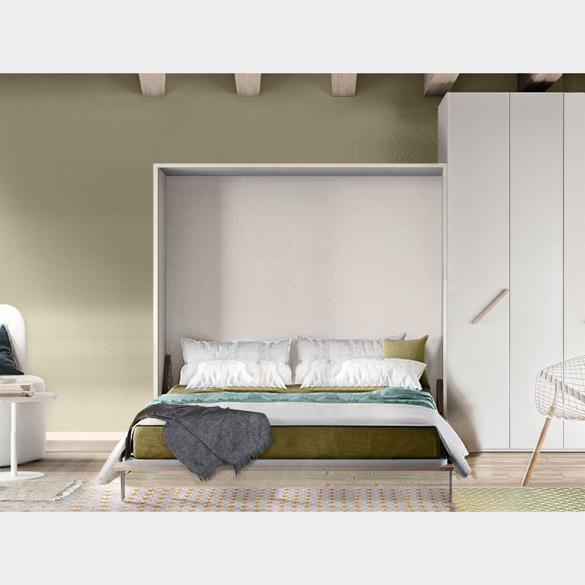 Letto a scomparsa matrimoniale color Bianco frassinato, Made in Italy