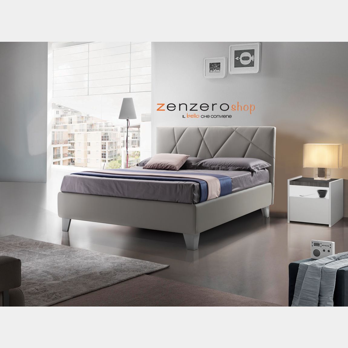 Letto matrimoniale Tarazed con contenitore in ecopelle in finitura grigio  fumo