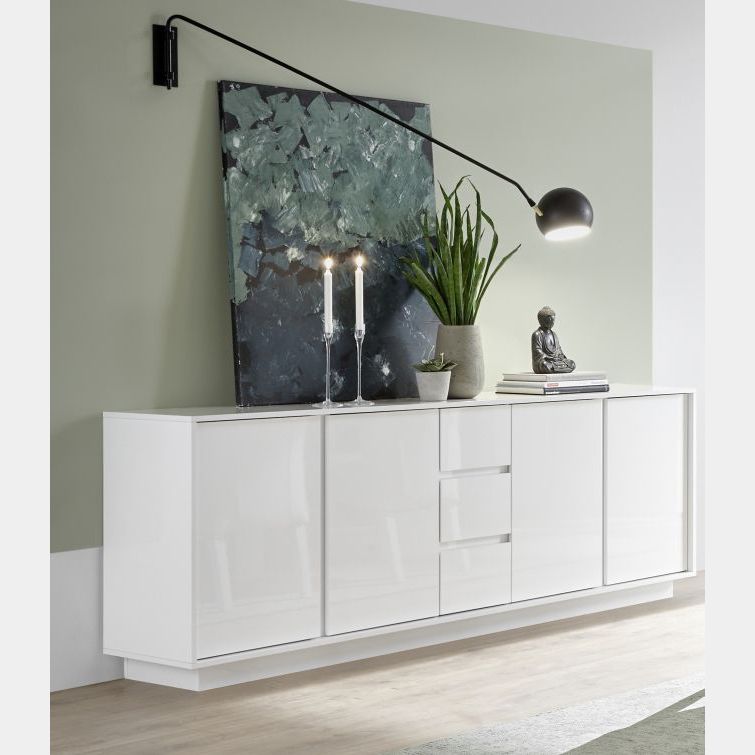 Credenza Moderna con 3 Ante Scorrevoli e Cassetti - Bianco Opaco