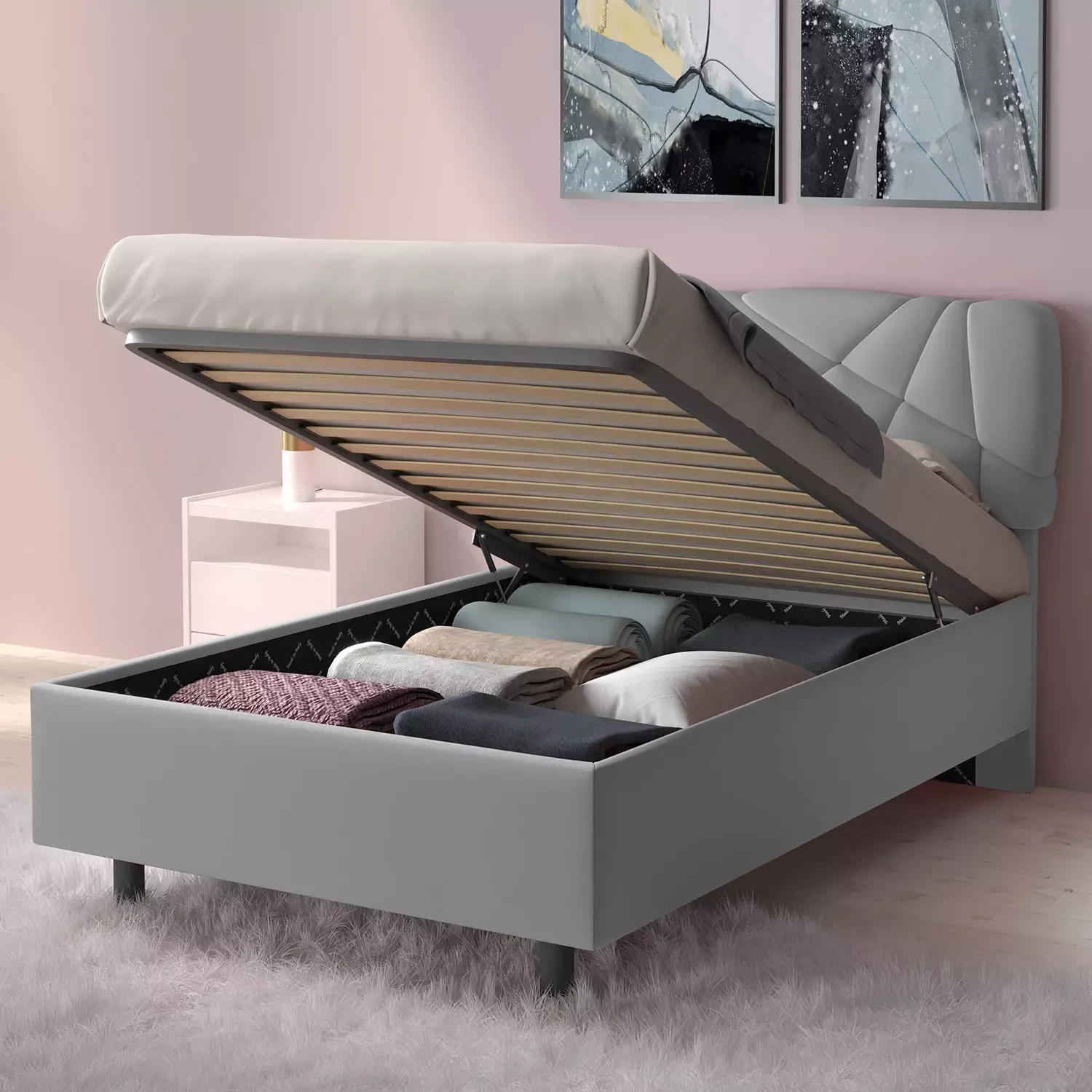 Letto piazza e mezza con contenitore, finitura Grigio chiaro