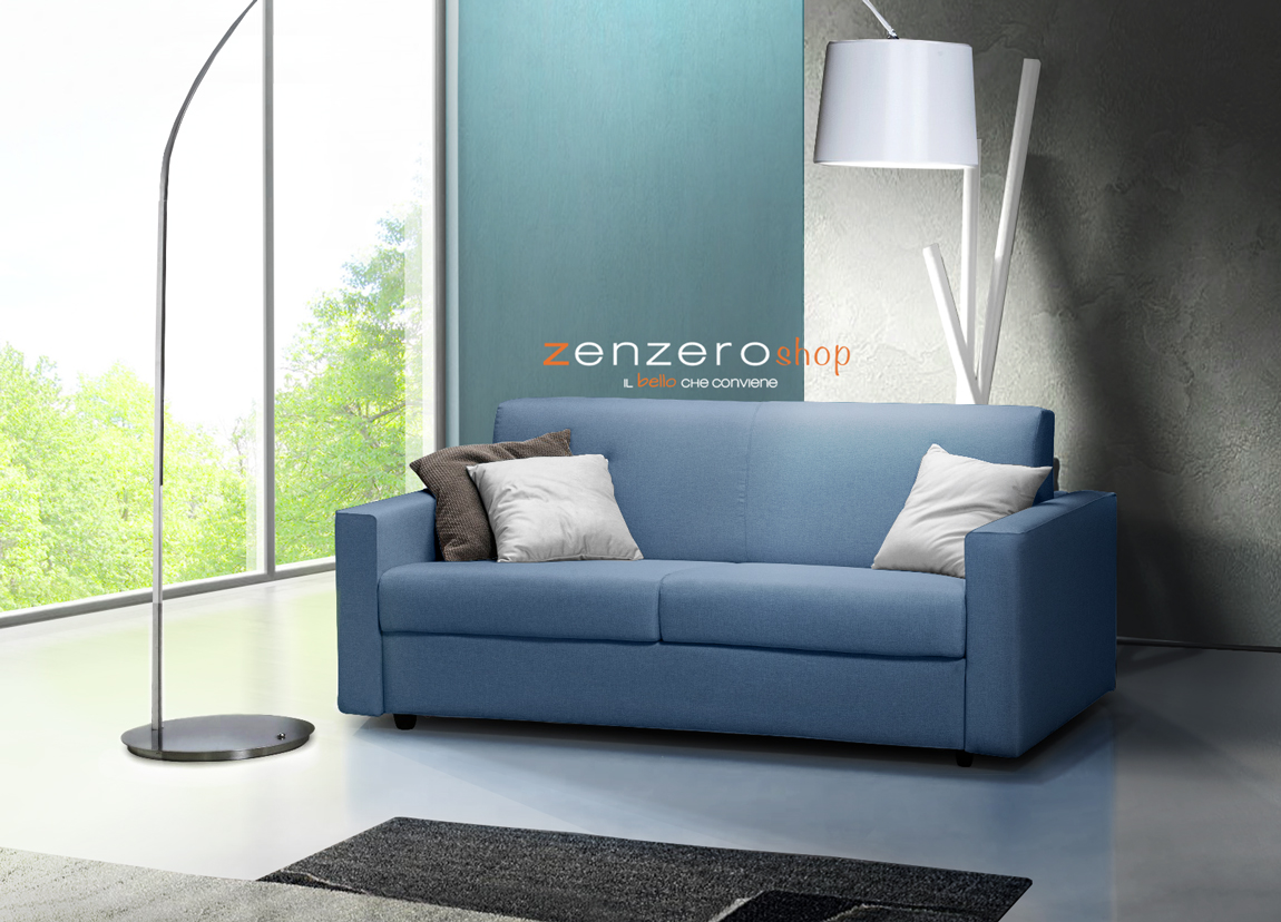 Divano letto moderno a 3 posti con larghi braccioli in finitura Ceruleo