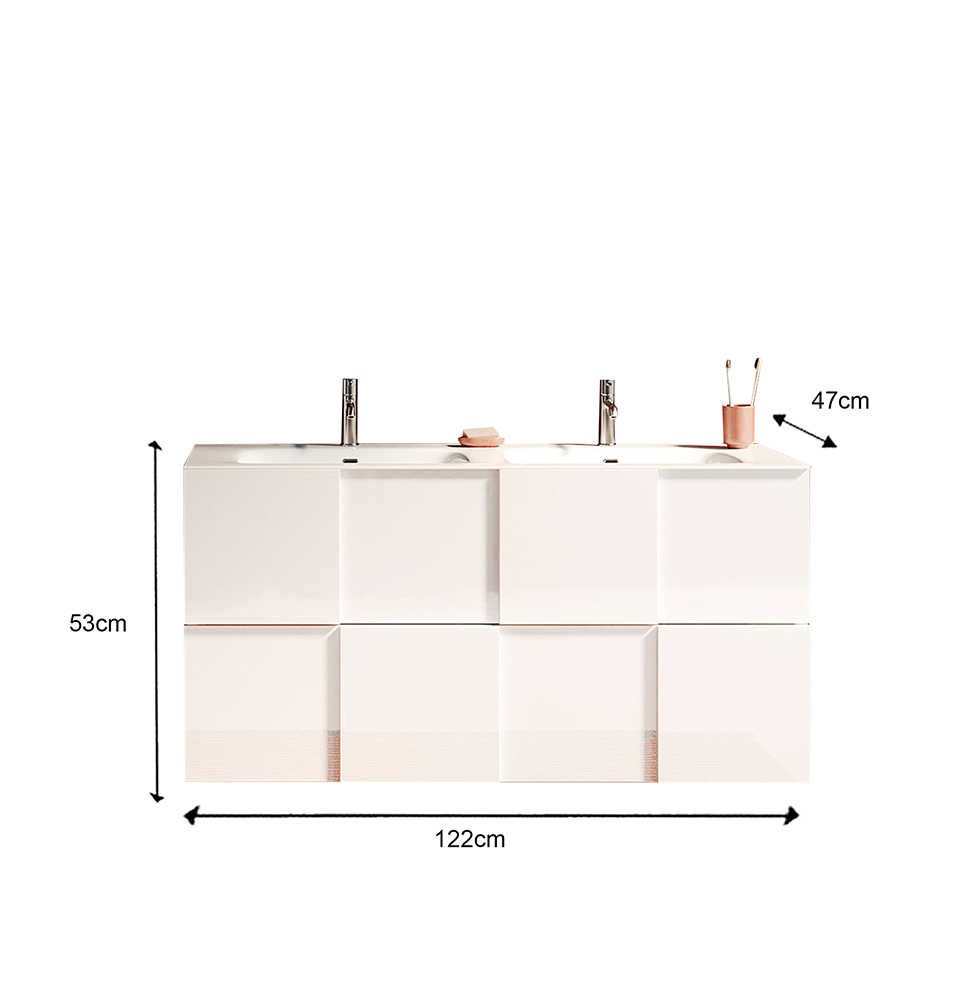 Mobile da bagno sospeso L.122 doppio lavabo, 2 cassetti, finitura Bianco lucido