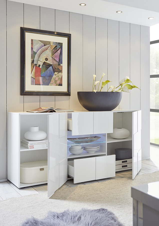 Madia Credenza Moderna, Madia di Design, 2 ante e 2 cassetti, Bianco Lucido