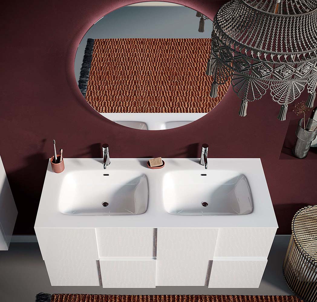 Mobile da bagno sospeso L.122 doppio lavabo, 2 cassetti, finitura Bianco lucido