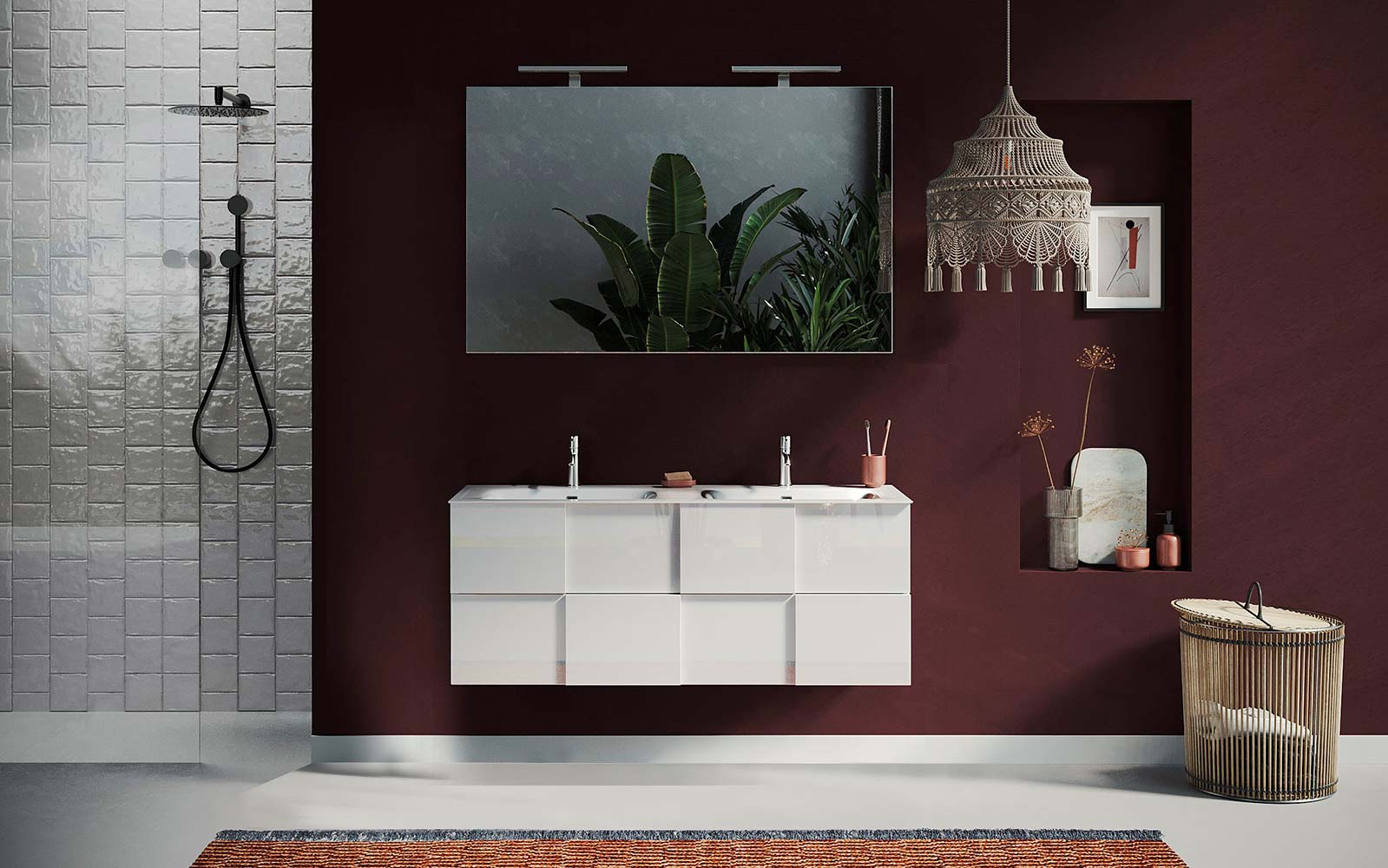 Mobile da bagno sospeso L.122 doppio lavabo, 2 cassetti, finitura Bianco lucido