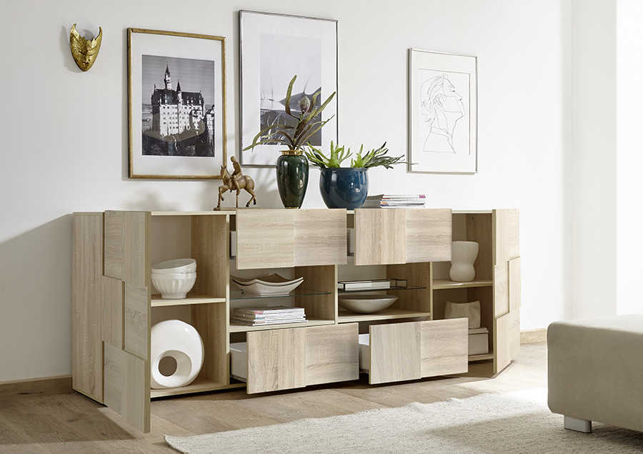 Credenza Moderna, Madia di Design, 2 ante e 4 cassetti, Rovere Samoa