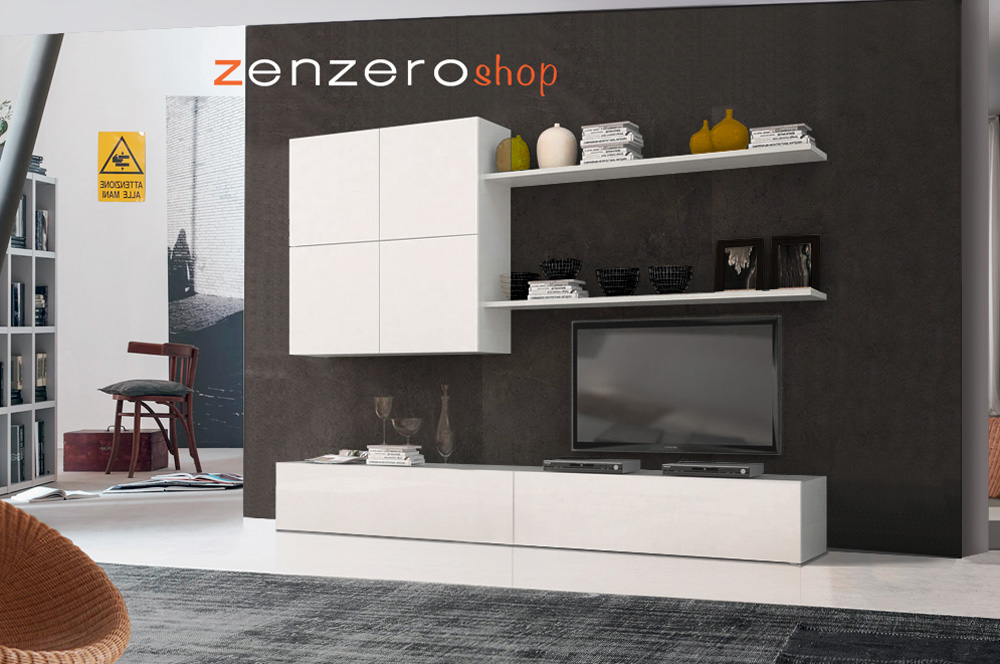 Moderna Parete attrezzata piccola, soggiorno David in larice bianco, prezzo economico