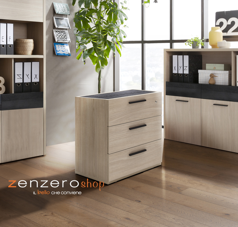 Cassettiera Leonardo con ruote e 3 cassetti in finitura Rovere e Nero chalet