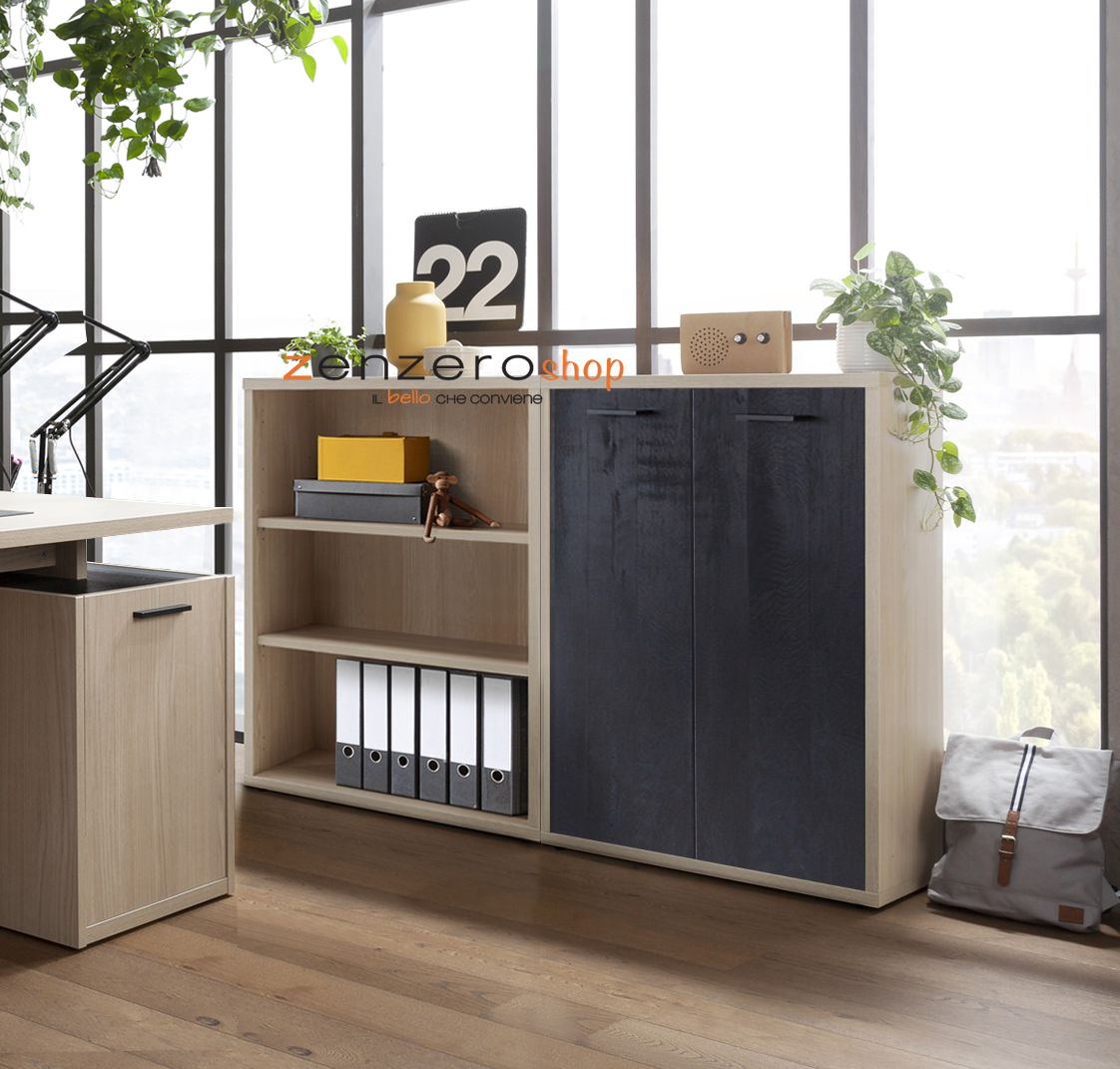 Librerie Leonardo basse con ante e ripiani in finitura Rovere e Nero chalet 