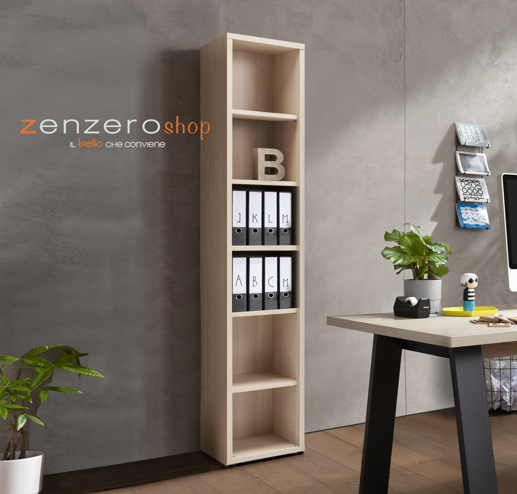 Libreria stretta Leonardo con 5 ripiani in finitura Rovere