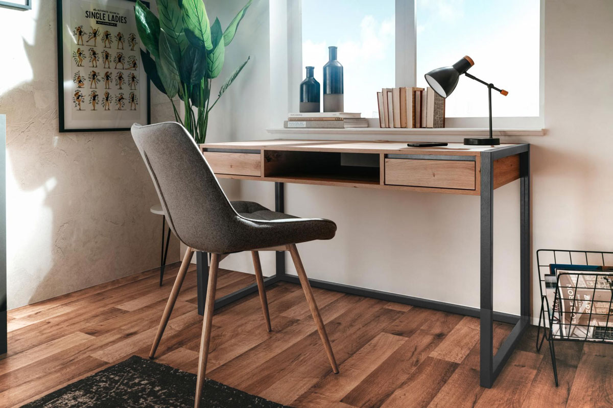 Scrivania industry, 2 cassetti e vano a giorno, finitura Rovere Nodato e struttura in Antracite